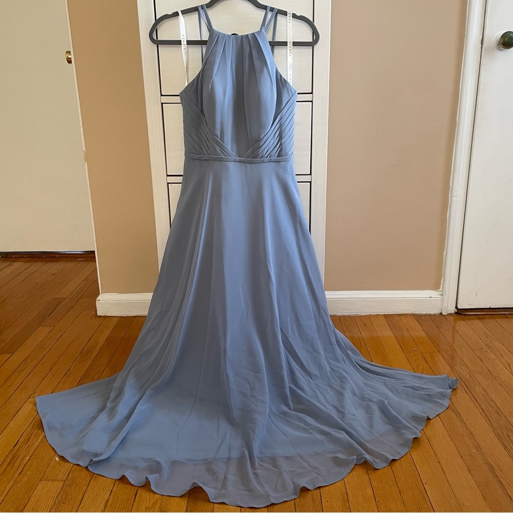 Azazie Blue Halter Maxi Gown with Pockets